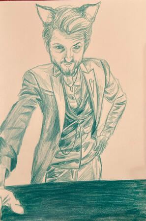 Pencil drawing recreation of a photoshopped image of my friend that was revealed to me in a dream (sent to me over discord).