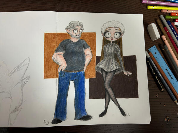 Trig and Kiki, coloured pencil on paper