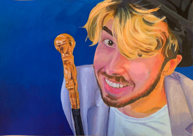 Acrylic painting of internet personality "The Orion Sound", from a still taken from his "Enderrail" spoof music video.