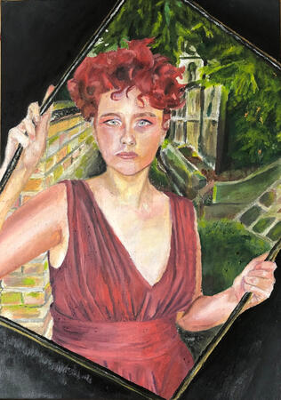 A-Level module self-portrait. Made during lockdown when all I could really draw was myself. Pictured is the dress I never got to wear to my GCSE prom.