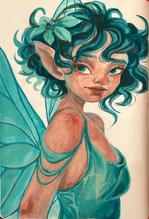 My fairy avatar, painted in gouache in my sketchbook.