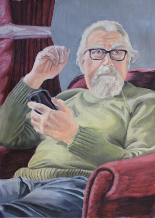 Oil painting of a candid shot of my uncle Graham, sat holding his phone.