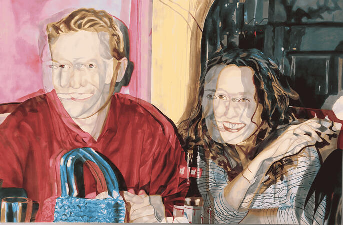 Giant marker on paper drawing of my parents in their 20s at a bar. Chromatic aberration exploration piece.